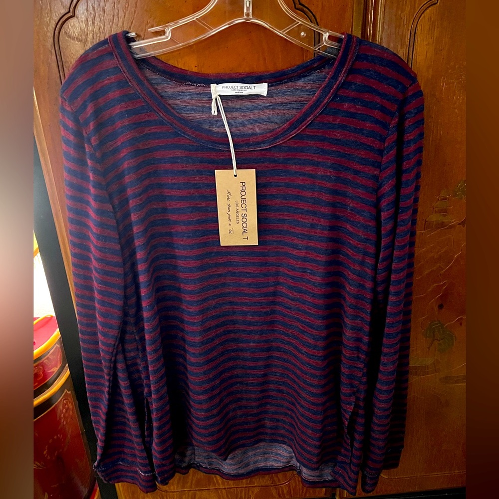 Project Social T striped tee, NWT! Maroon and navy 😻